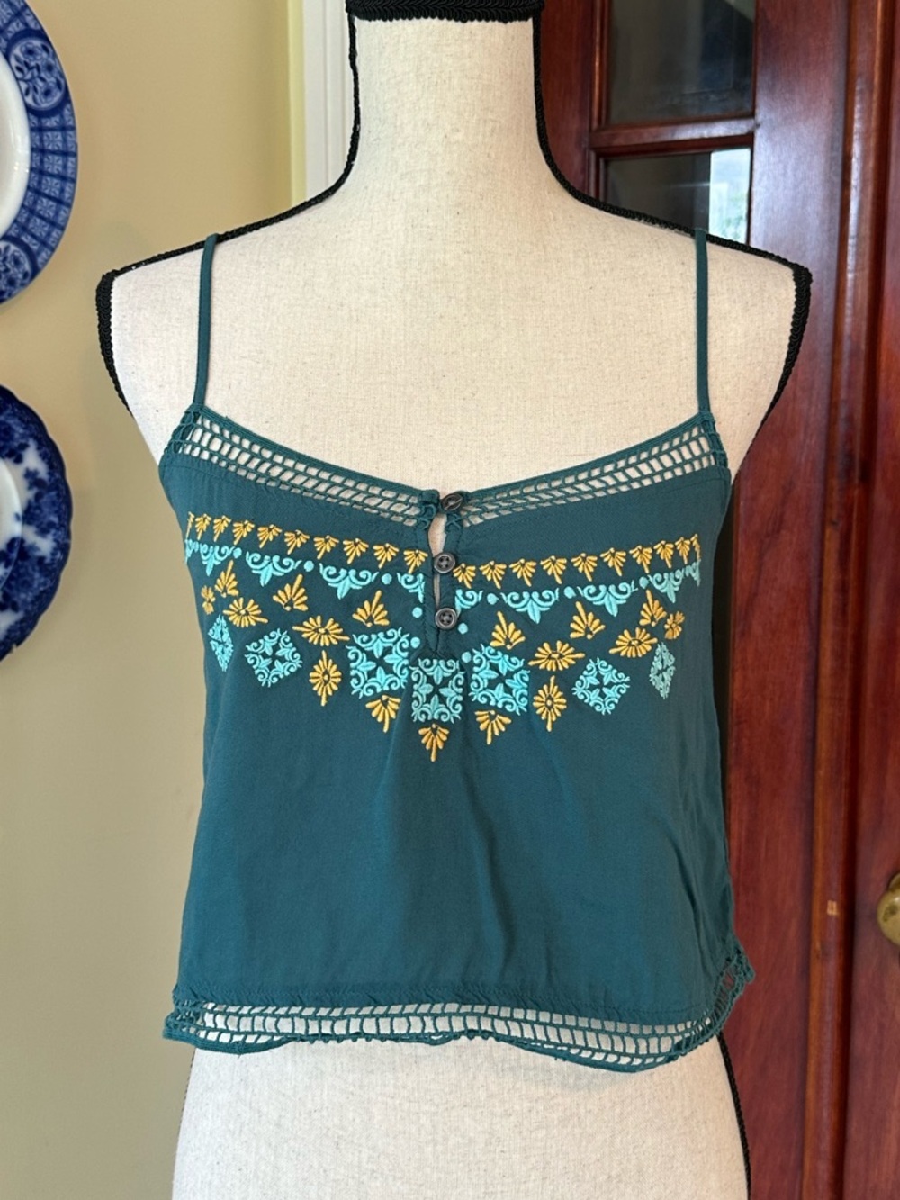 LA Hearts | Teal Boho Embroidered Cropped Tank Top Cami, Size S